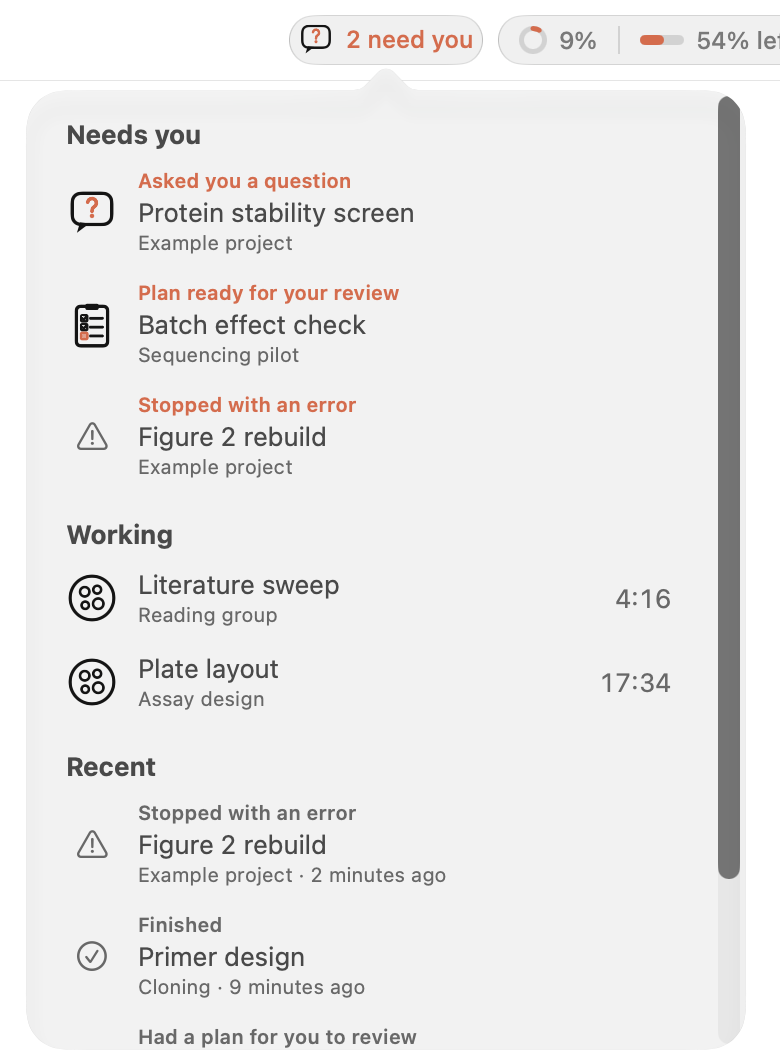 The activity list under the toolbar: two sessions waiting on you, one stopped with an error, two working with their clocks, and recent sessions below.