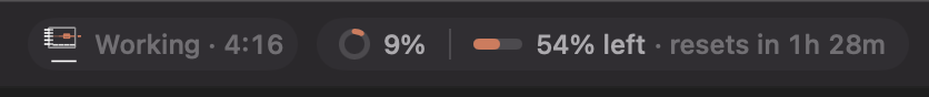 The title bar: a working session's timer, the context ring at 9%, and 54% of the plan left, resetting in 1 hour 28 minutes.